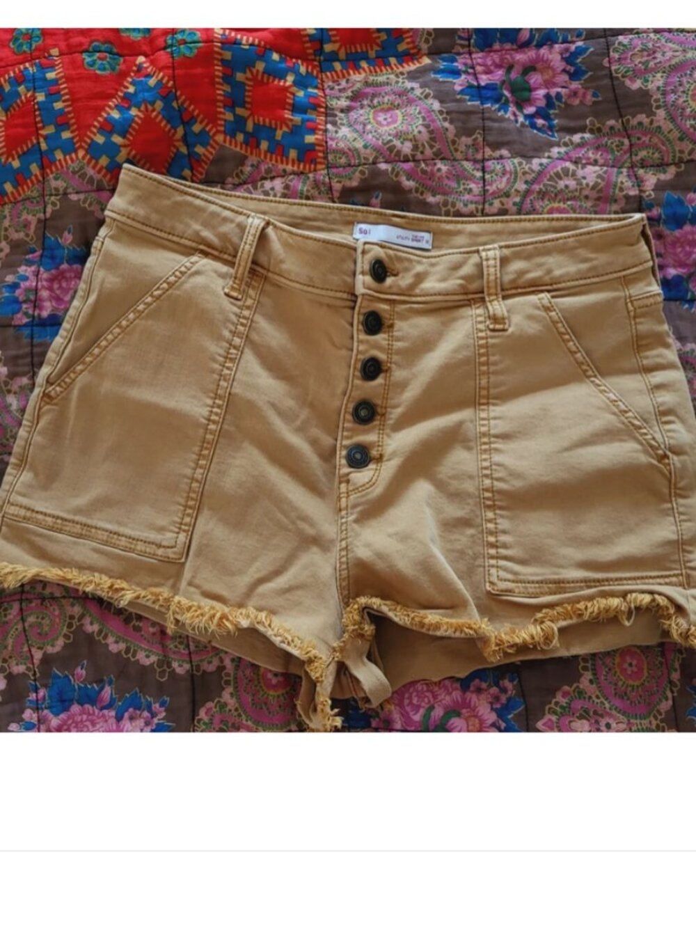 SO High Rise Utility Stretch Frayed Tan Shorts